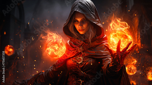 Young female sorceress plays with forbidden black magic and glowing fireballs