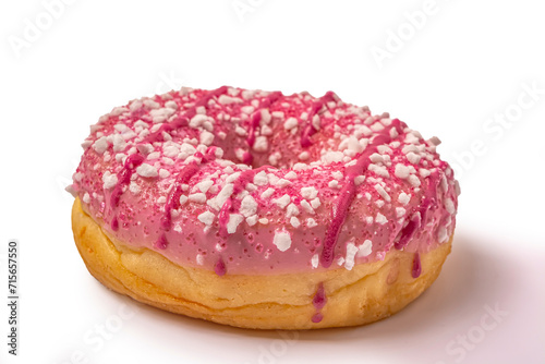 Sweet delicious glazed pink donut isolated on white