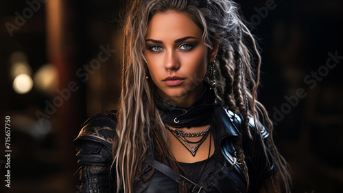 Beautiful young blonde Viking woman with piercings and dreadlocks and a cheeky look wears leather armor and jewelry photo