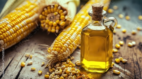 Fresh corn on the cob with a bottle of corn oil on a rustic wooden background, sprinkled with loose kernels