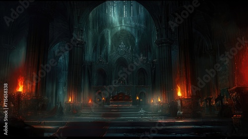 A grand  gothic cathedral interior illuminated by torches and a large stained glass window  dark fantasy setting