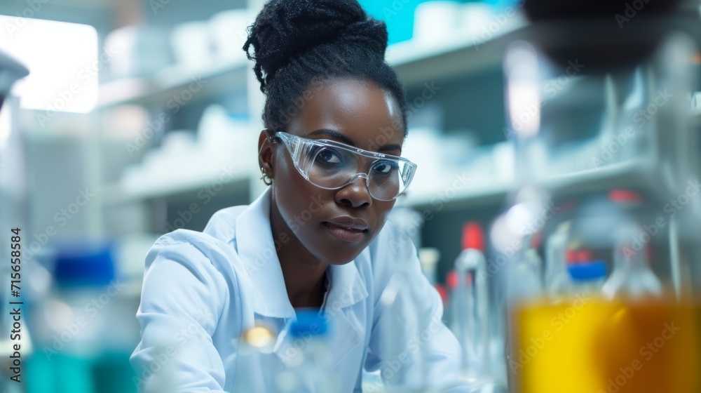 African American scientist in lab coat and safety glasses in laboratory. African American scientist in lab coat and safety glasses in laboratory.