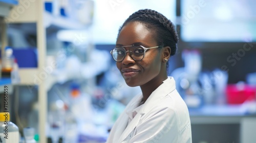 African American scientist in lab coat and safety glasses in laboratory.