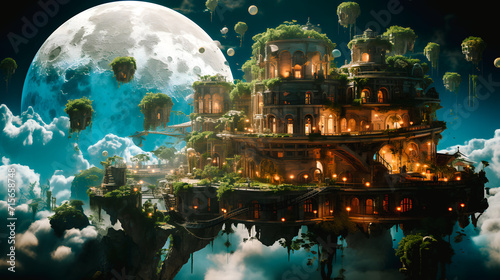 Cité avec végétation dans le ciel, avec la lune © Concept Photo Studio