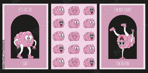 Set Mental Health card with Cartoon brain character in trendy Rubber Hose style. Groovy Mental health emoticon poster. Vector illustration for web and social media. Editable stroke EPS 10 