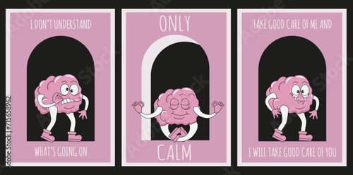 Set Mental Health card with Cartoon brain character in trendy Rubber Hose style. Groovy Mental health emoticon poster. Vector illustration for web and social media. Editable stroke EPS 10 