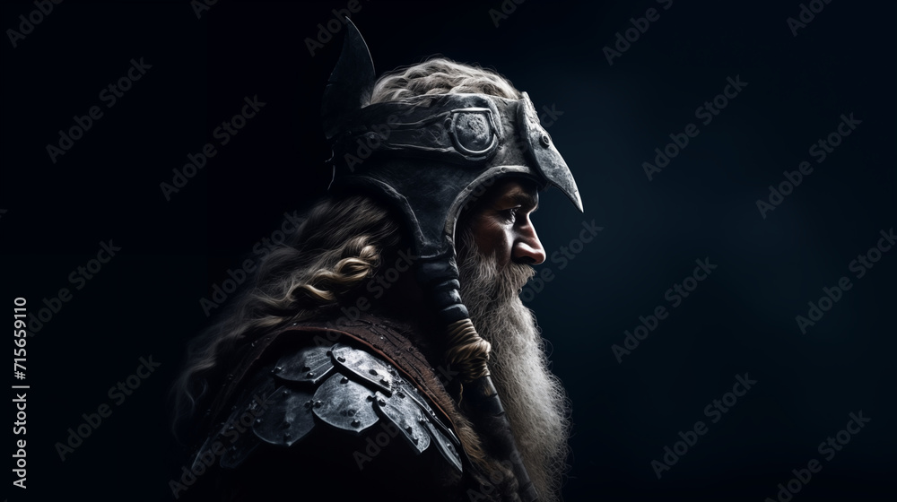 Portrait d'un vieux roi viking en armure. Profil visage d'un guerrier sur fond noir. - obrazy, fototapety, plakaty 