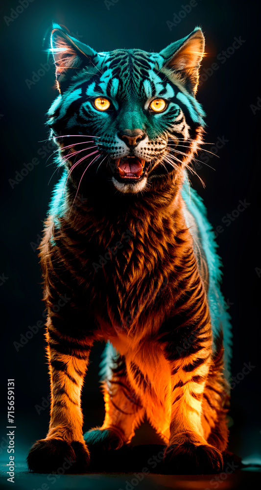 Fototapeta premium Young tiger close up in neon lighting.