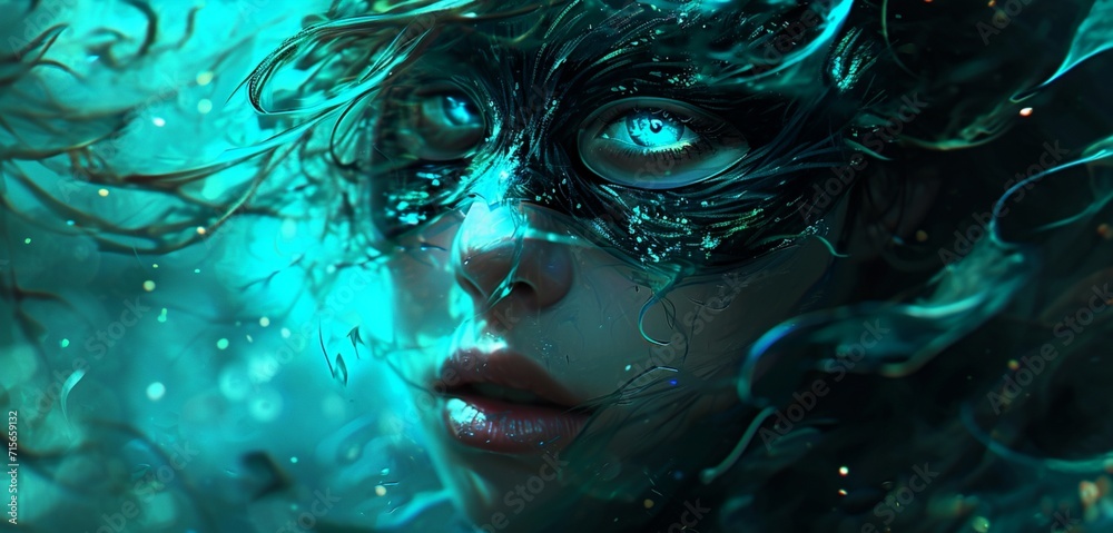 Iridescent teal mask with abstract swirls, framing the girl's beauty in a dark ambiance.