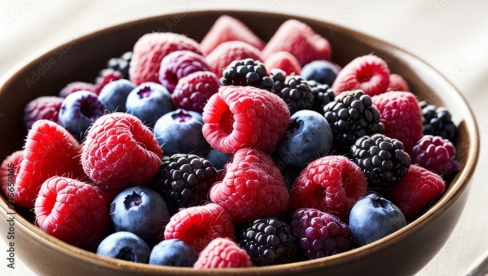 A bowl of berries is gathered on the table. A bowl of berries is gathered on the table.