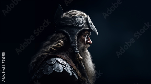 Portrait d'un vieux roi viking en armure. Profil visage d'un guerrier sur fond noir. photo