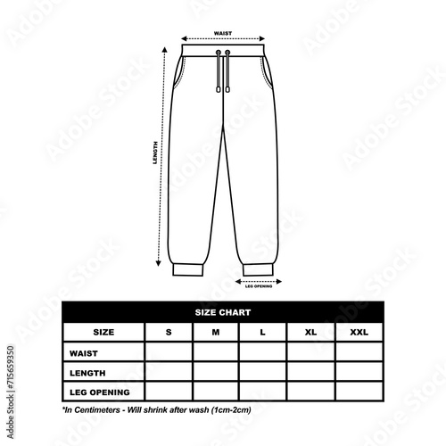 jogger pants Size Chart, sweetpants, tracksuitpants. fashion clothing vector illustration
