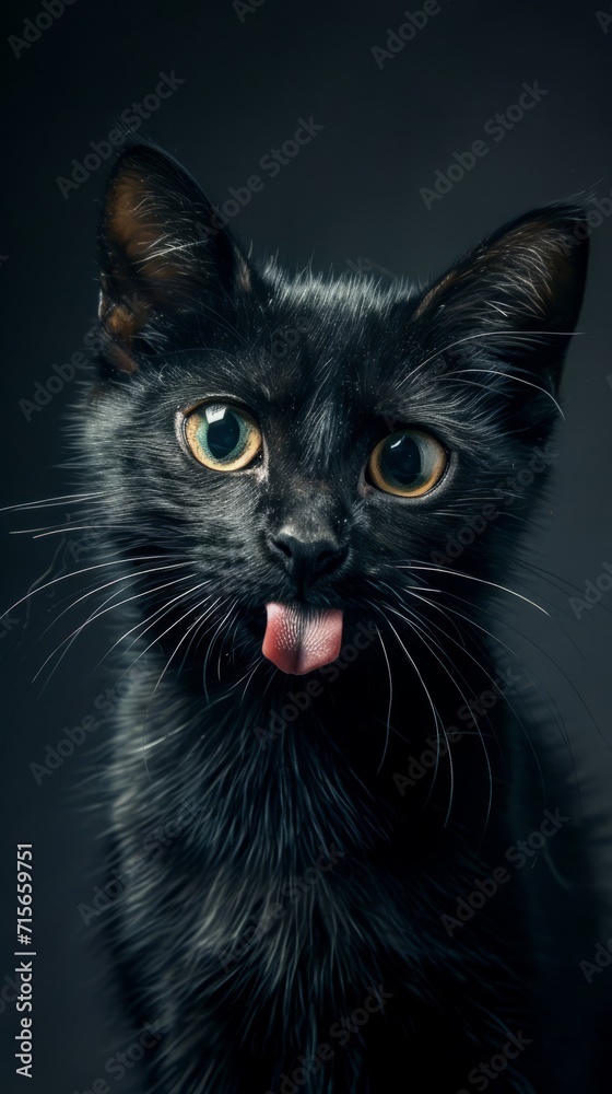 black cat with tongue hanging out on a dark background, copyspace for text