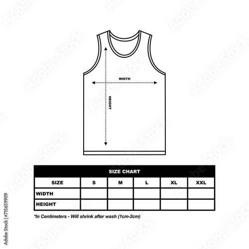 sports jersey Size Chart, sleeveless t-shirt template with a round neck. sports jersey. fashion clothing vector illustration photo