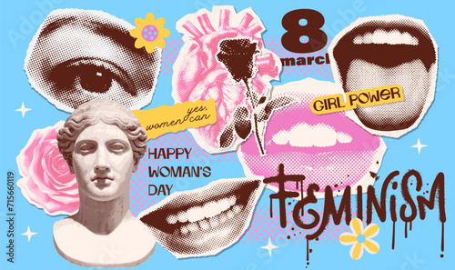 Trendy vintage collage torn out stickers set in grunge style. Halftone lips, eyes, heart, flower and antique female bust. Retro newspaper and torn paper. Elements for banners, social media. Vector.