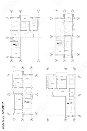 Vector architectural floor plan of three bedroom apartments