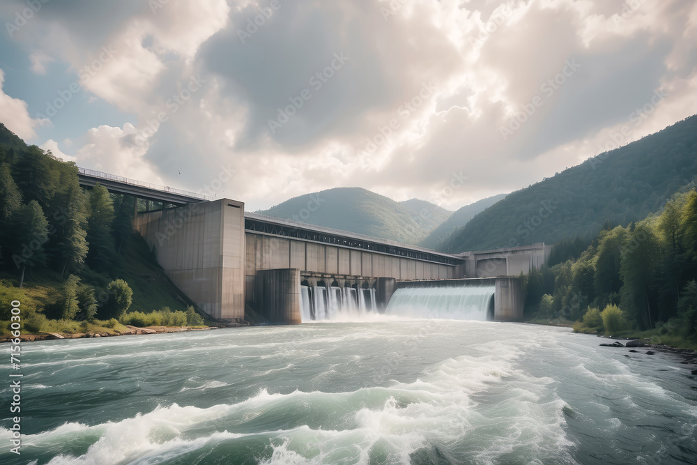 Dam An eco-friendly hydroelectric power plant in a mountainous forested landscape, harnessing the power of a majestic waterfall. water discharge through sluices, industrial concept	
