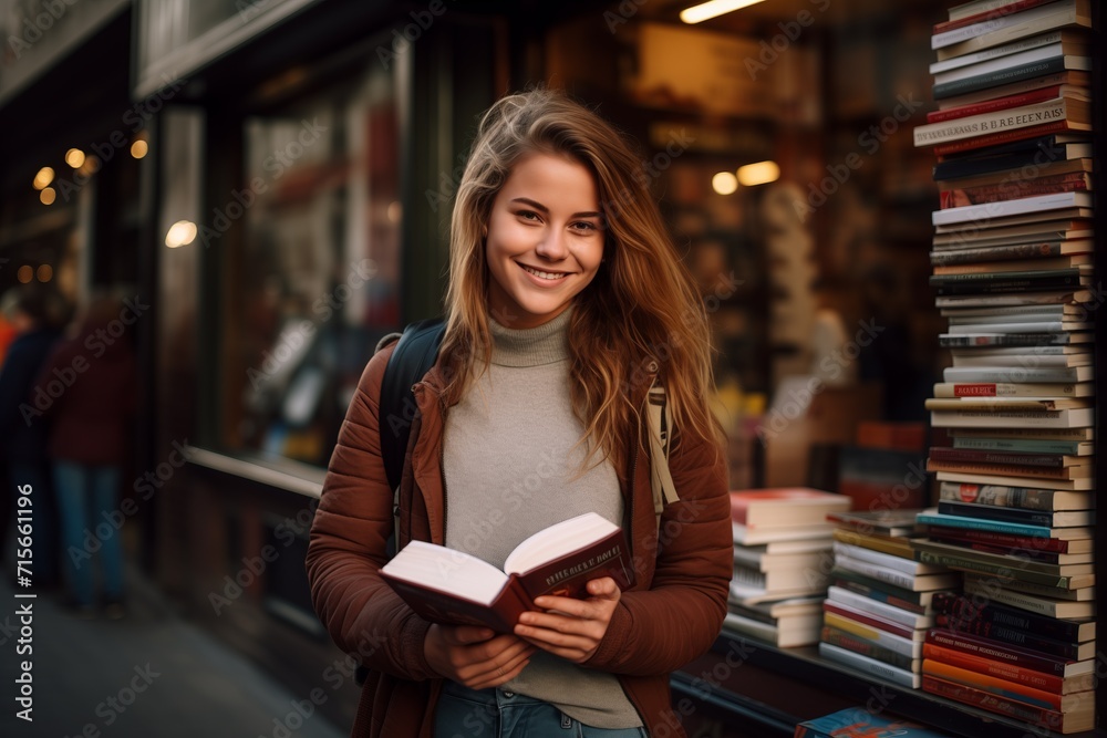 Young smiling woman exits an old bookstore with a book in her hand Young smiling woman exits an old bookstore with a book in her hand