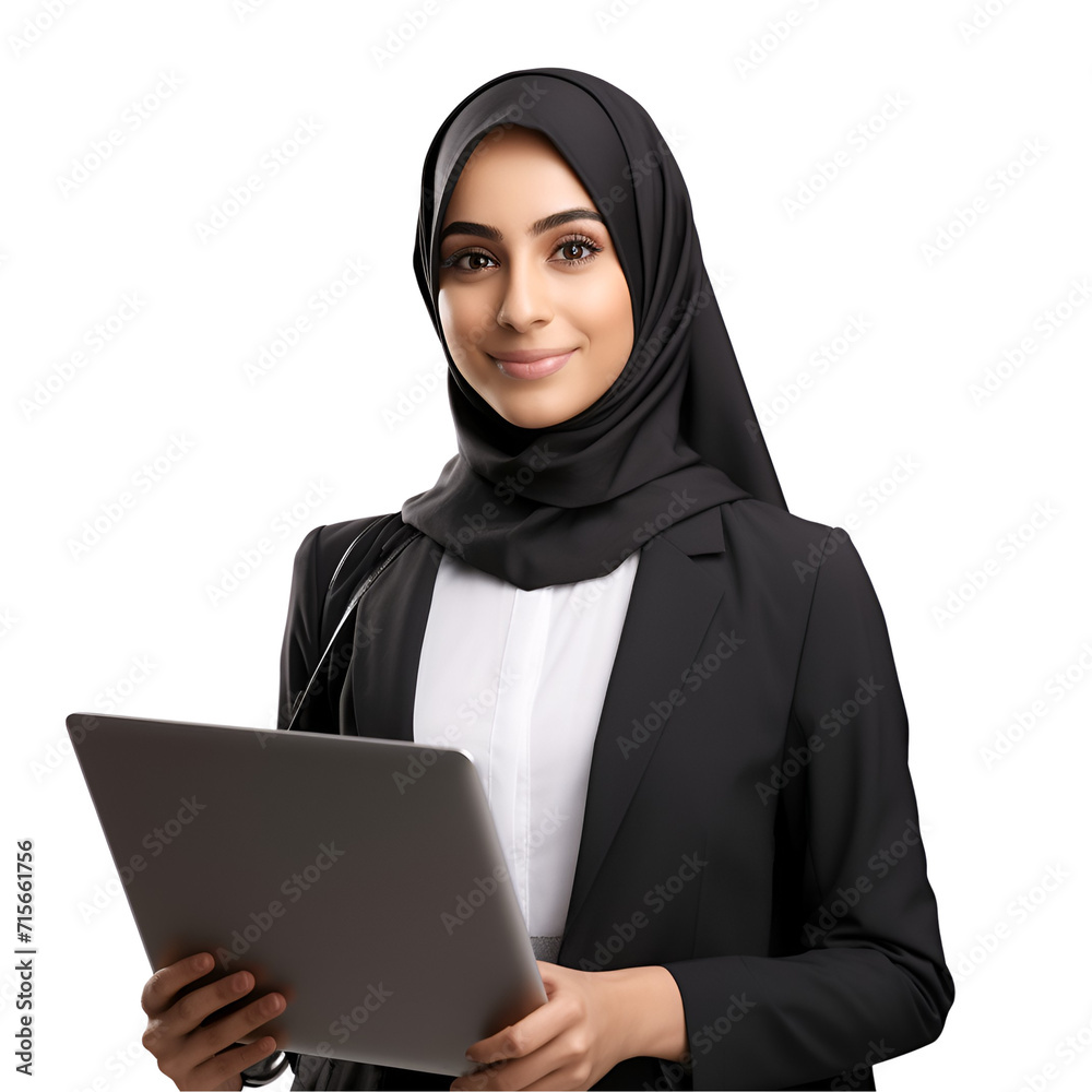 Portrait of a Smiling Arab Woman in Hijab: Successful Muslim Businesswoman with Laptop, Isolated on Transparent Background, PNG Portrait of a Smiling Arab Woman in Hijab: Successful Muslim Businesswoman with Laptop, Isolated on Transparent Background, PNG
