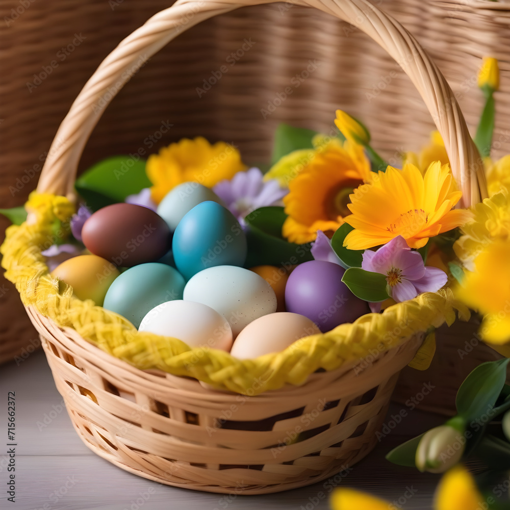 A wicker basket with Easter eggs surrounded by many bright flowers. Easter A wicker basket with Easter eggs surrounded by many bright flowers. Easter