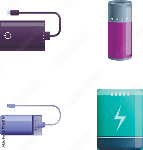 Powerbank icons set cartoon vector. Power bank of various shape and color. Portable charger