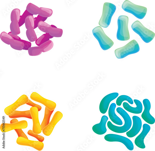 Bacteria icons set cartoon vector. Various type of bacteria, virus and protozoa. Biological microorganism, microbiota
