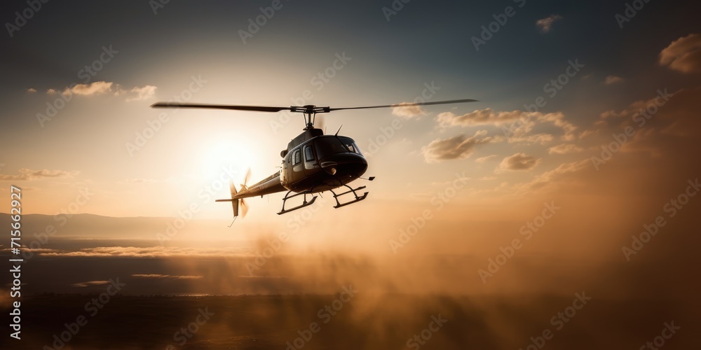 A helicopter flies in the sky. Generative AI. View of a flying helicopter. Beautiful sky. Helicopter high in the sky illuminated by the rays of the sun A helicopter flies in the sky. Generative AI. View of a flying helicopter. Beautiful sky. Helicopter high in the sky illuminated by the rays of the sun