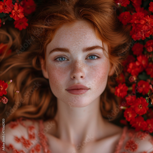 Portrait of redhead women in field of red flowers
