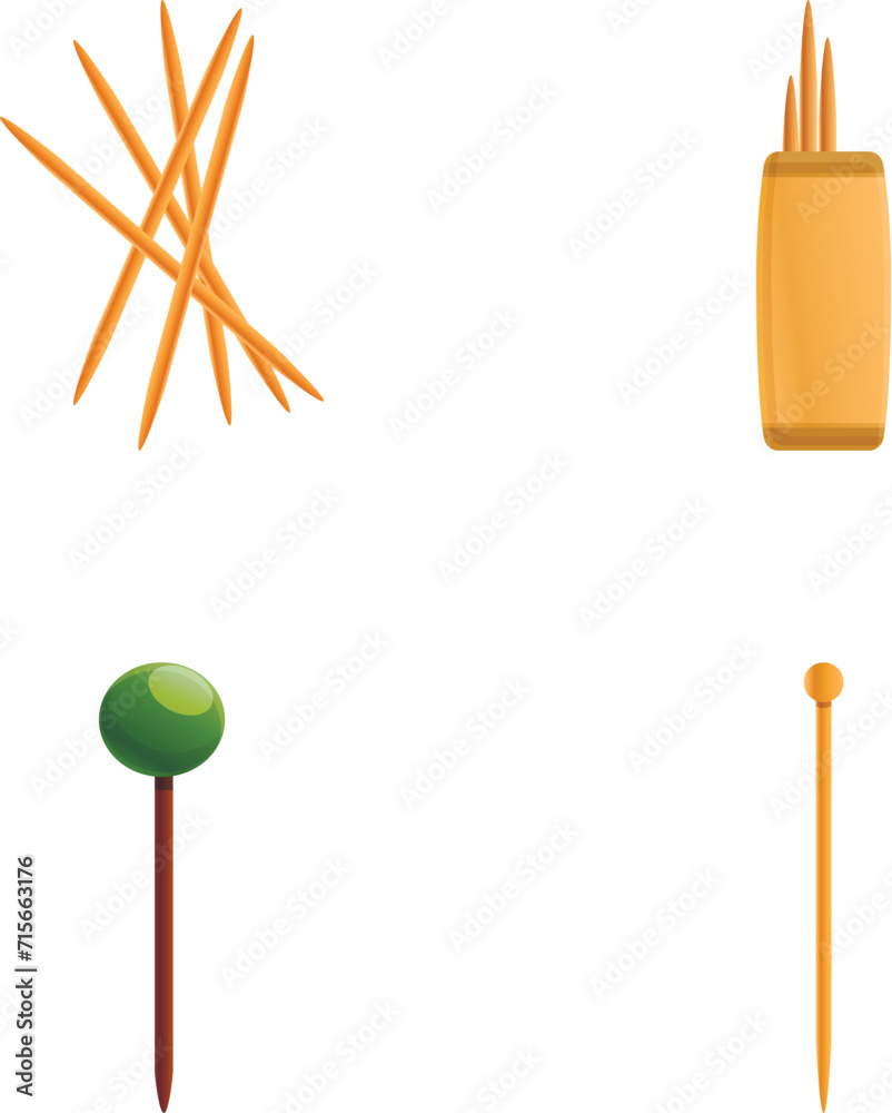 Toothpick icons set cartoon vector. Toothpick for cocktail or food. Tool for cocktail or food Toothpick icons set cartoon vector. Toothpick for cocktail or food. Tool for cocktail or food