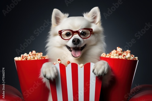 Cute dog with glasses watching a movie with popcorn. The concept of humanization