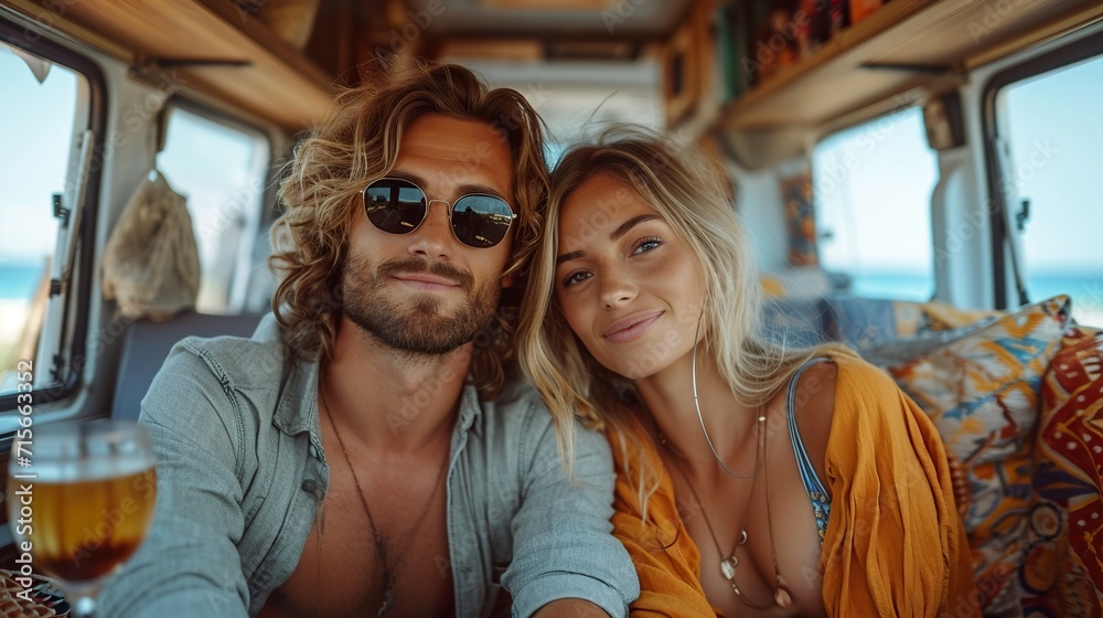 Inside view of happy adult couple driving and enjoying road trip in a modern camper van vehicle Inside view of happy adult couple driving and enjoying road trip in a modern camper van vehicle