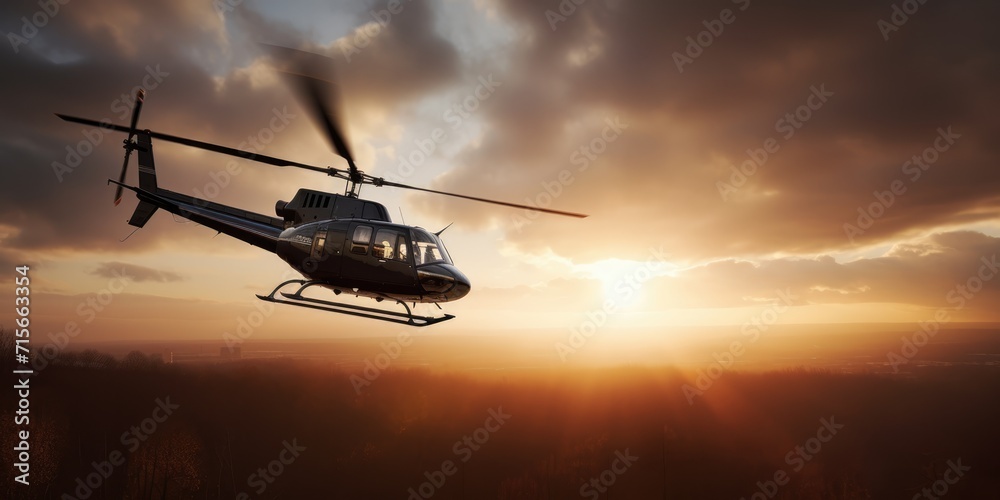A helicopter flies in the sky. Generative AI. View of a flying helicopter. Beautiful sky. Helicopter high in the sky illuminated by the rays of the sun A helicopter flies in the sky. Generative AI. View of a flying helicopter. Beautiful sky. Helicopter high in the sky illuminated by the rays of the sun