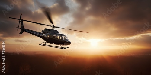 A helicopter flies in the sky. Generative AI. View of a flying helicopter. Beautiful sky. Helicopter high in the sky illuminated by the rays of the sun © Ruslan Shevchenko