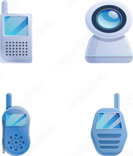 Newborn radio icons set cartoon vector. Electronic baby monitor. Video care