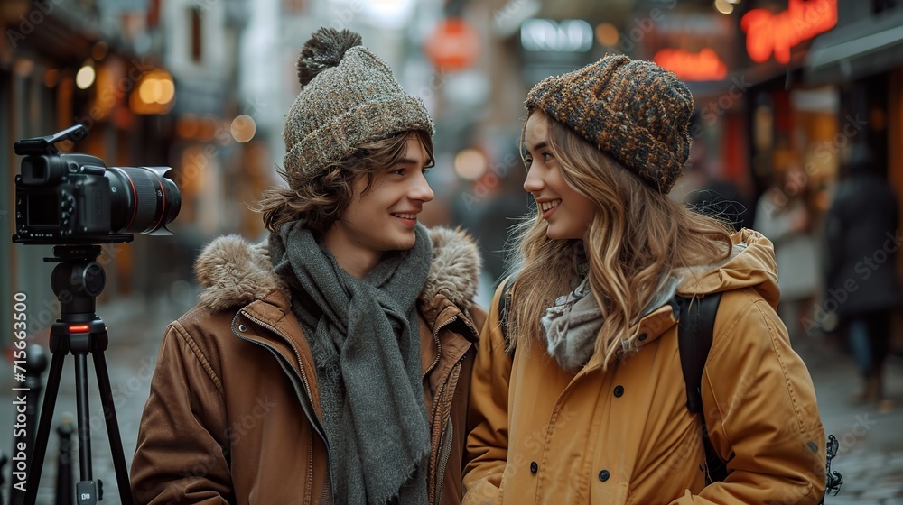 Couple travel in city for honeymoon trip at night. Attractive new marriage man and woman backpacker tourist walking on street enjoy spend time dating on valentines vacation together Couple travel in city for honeymoon trip at night. Attractive new marriage man and woman backpacker tourist walking on street enjoy spend time dating on valentines vacation together