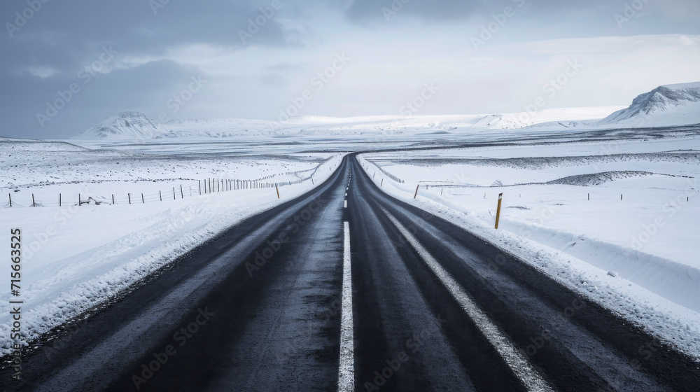 A road extending into the distance on the snowy plateau. A road extending into the distance on the snowy plateau.