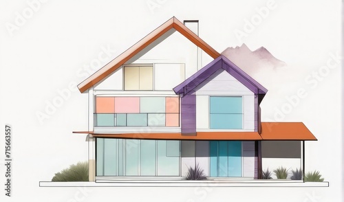 Home or Cottage in minimalistic style Architecture background. Trendy Modern House on a white background. 3D illustration sketch outline colorfull