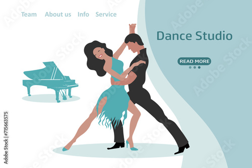 Elegant dancing couple and piano. Web banner, landing page for dance studio. Illustration, vector