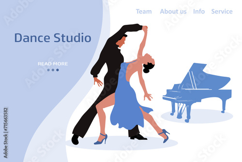 Elegant dancing couple and piano. Web banner, landing page for dance studio. Illustration, vector