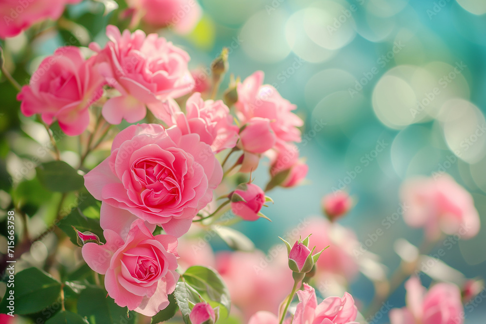 Delicate pink beautiful roses on a blue background. Copy space. Delicate pink beautiful roses on a blue background. Copy space.