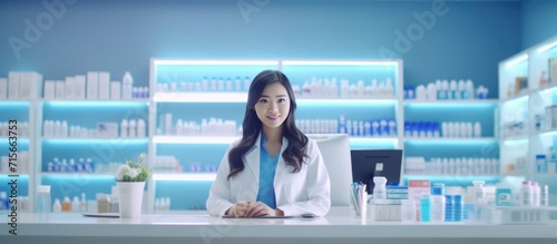 The pharmacist in front of the computer is checking the medicine stock list photo