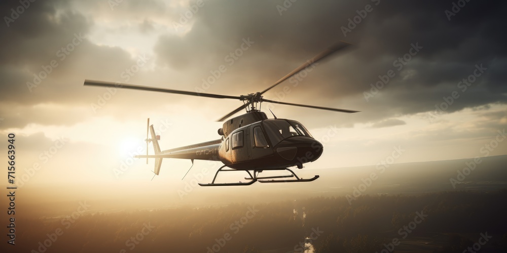 A helicopter flies in the sky. Generative AI. View of a flying helicopter. Beautiful sky. Helicopter high in the sky illuminated by the rays of the sun