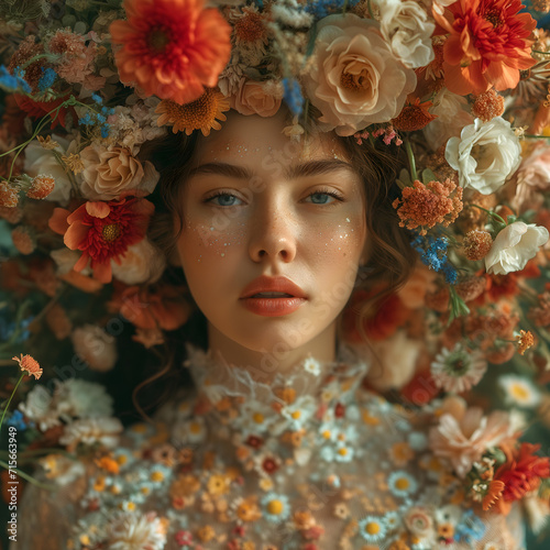 Portrait of a girl in a wreath of flowers