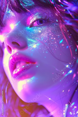 shiny portrait of a girl, glam 80s mood, disco style, looking at the camera, retro hairstyle and make up