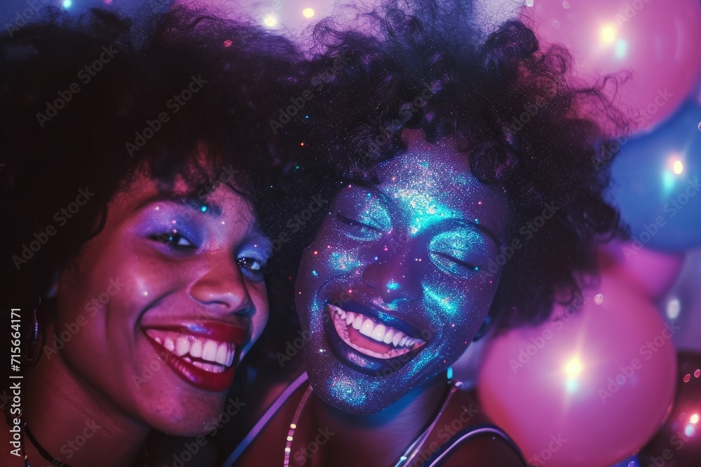 Obraz premium close up portrait of two afroamerican girlfriends, smiling and having fun, 1980 aesthetics, bright purple, pink and blue colors