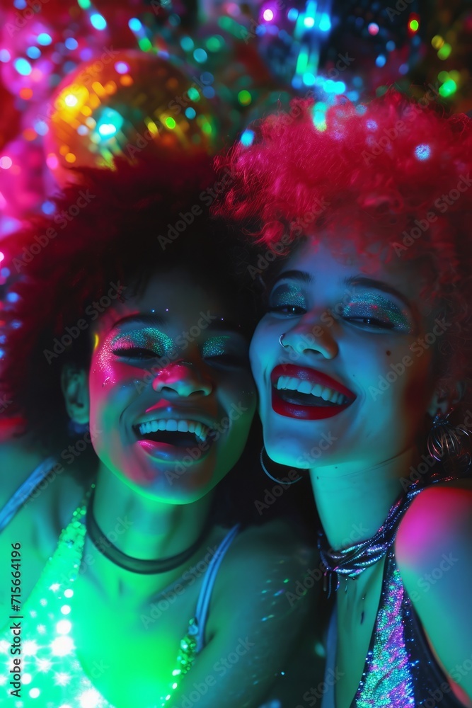 close up portrait of two afroamerican girlfriends, smiling and having fun, 1980 aesthetics, bright purple, pink and blue colors