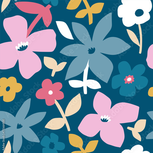 Seamless floral pattern with abstract bold colorful flowers. Botanical texture. Vector illustration