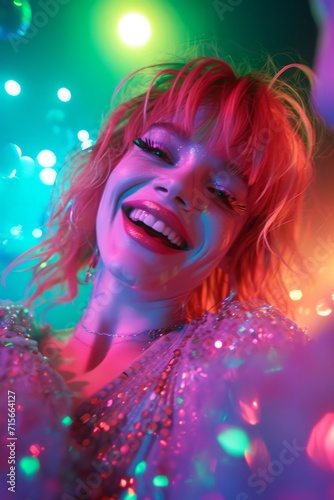sparkle and shiny portrait of a pink blonded girl, 80s aesthetic, disco mood posing and smiling on camera