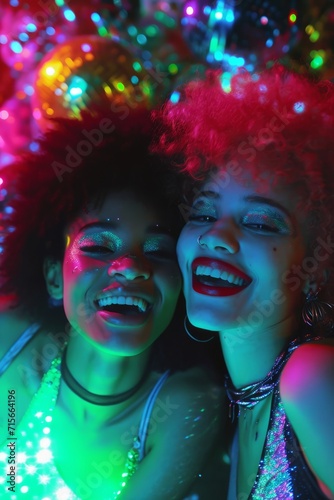 close up portrait of two afroamerican girlfriends, smiling and having fun, 1980 aesthetics, bright purple, pink and blue colors