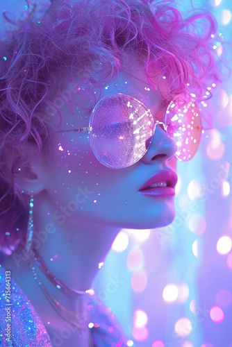 1980s aesthetics type portrait of a girl  with sunglasses  with sparkles and glitters  disco style  20yo  pink purple and blue colors